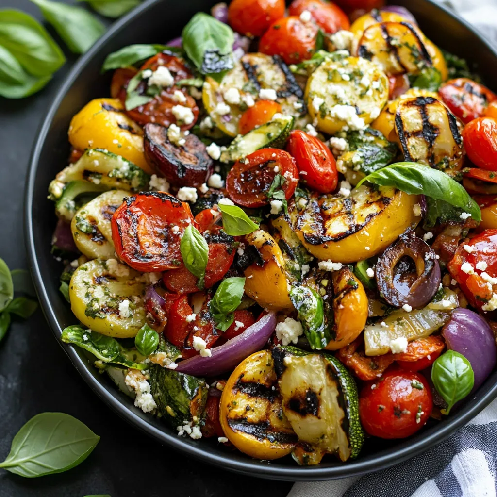 A bowl of vegetables with tomatoes, zucchini, and basil.