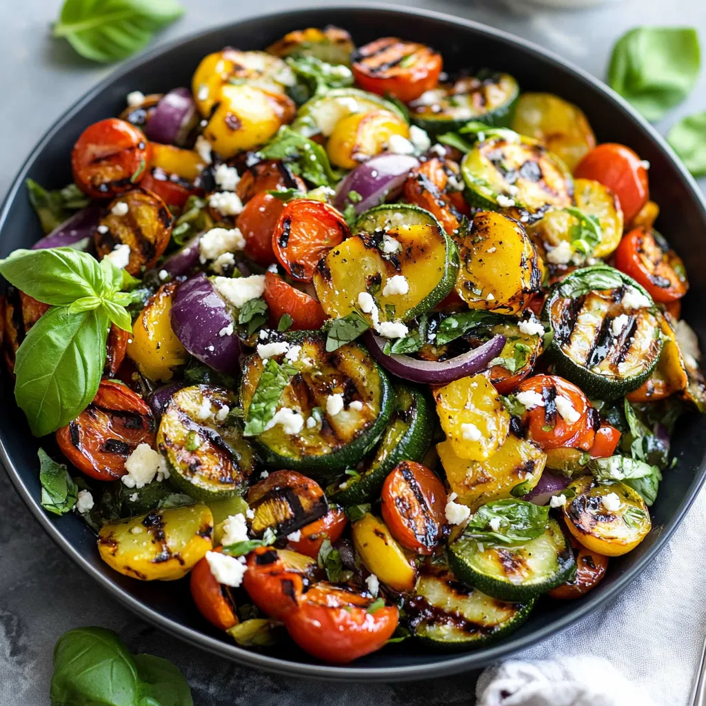 A bowl of vegetables with feta cheese and basil.
