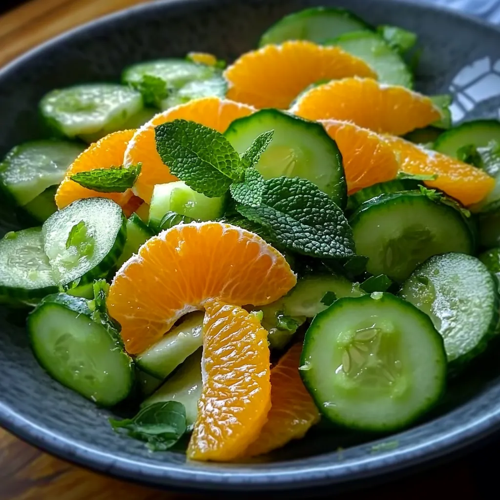 A bowl of sliced oranges and cucumbers.