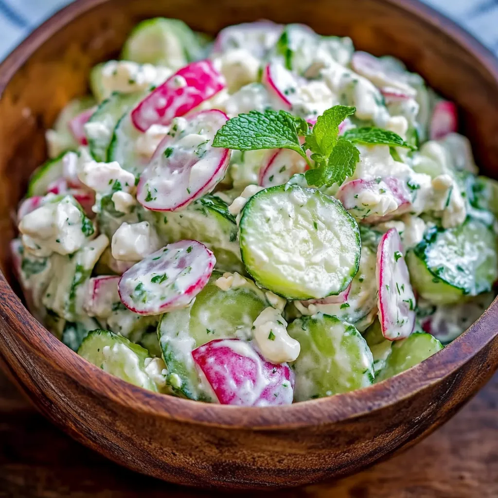 A bowl of food with cucumbers, radishes, and other vegetables.