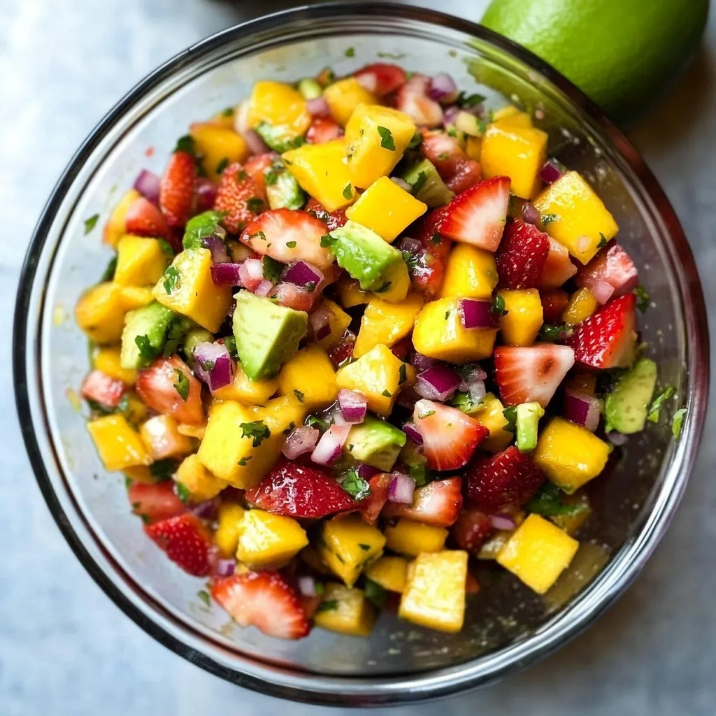 A bowl of fruit with strawberries, lime, and mango.