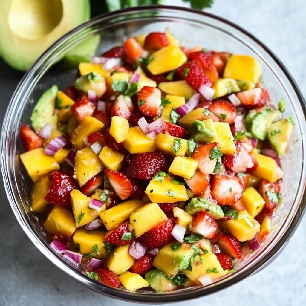A bowl of fruit salad with strawberries, mango, and avocado.