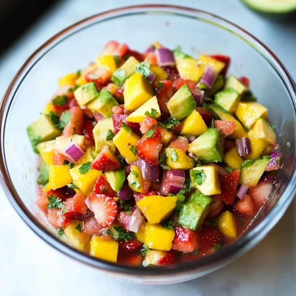 A bowl of fruit salad with strawberries, mango, and avocado.