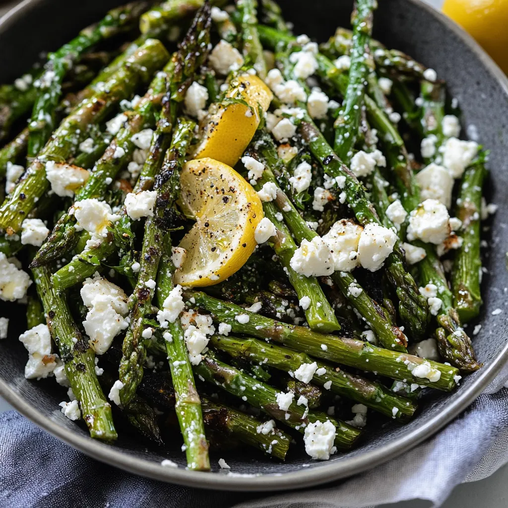 A bowl of asparagus with feta cheese and lemon.