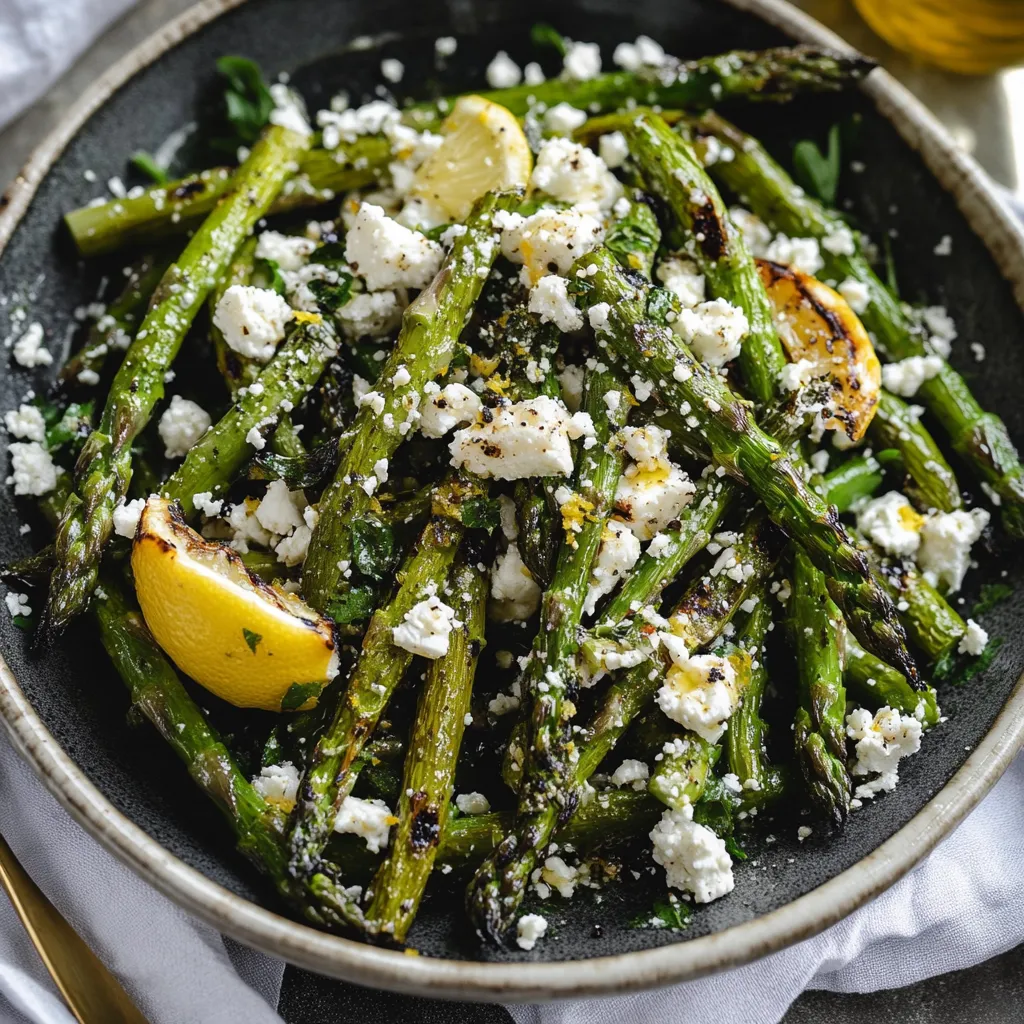 A bowl of asparagus with feta cheese and lemon.