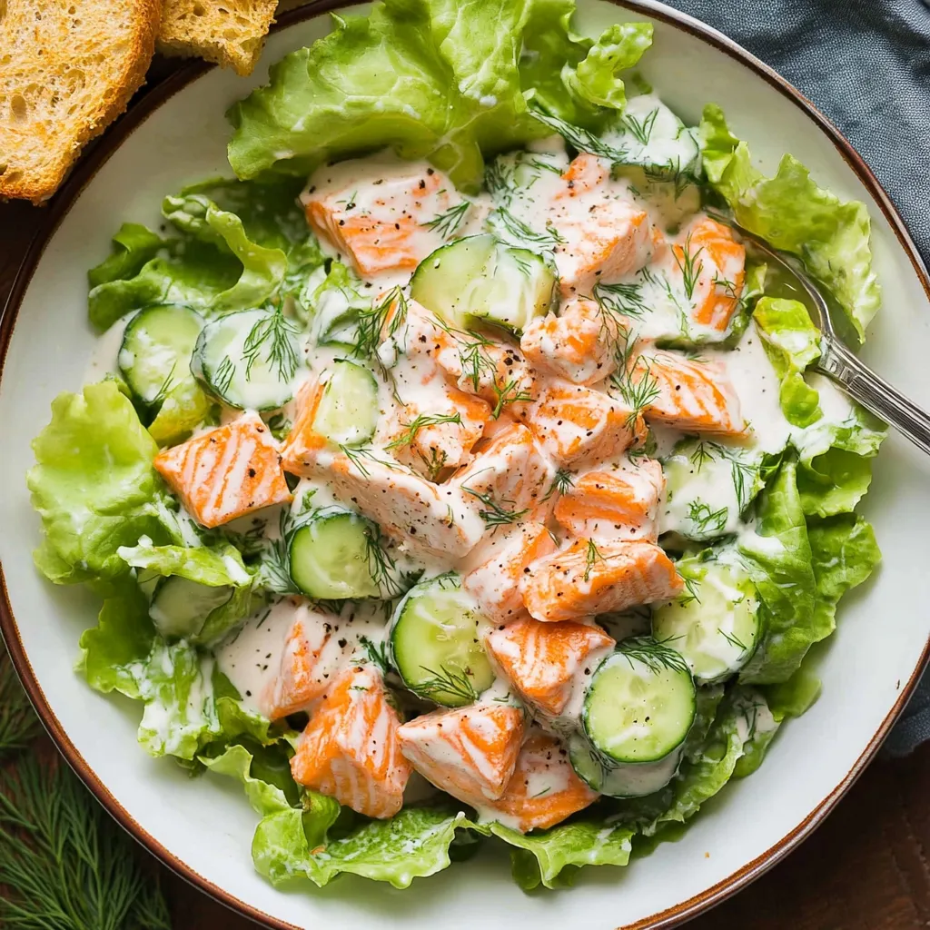 A plate of salad with cucumbers and fish.