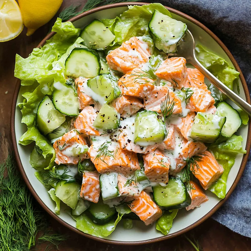 A bowl of salad with cucumbers, salmon, and cream.