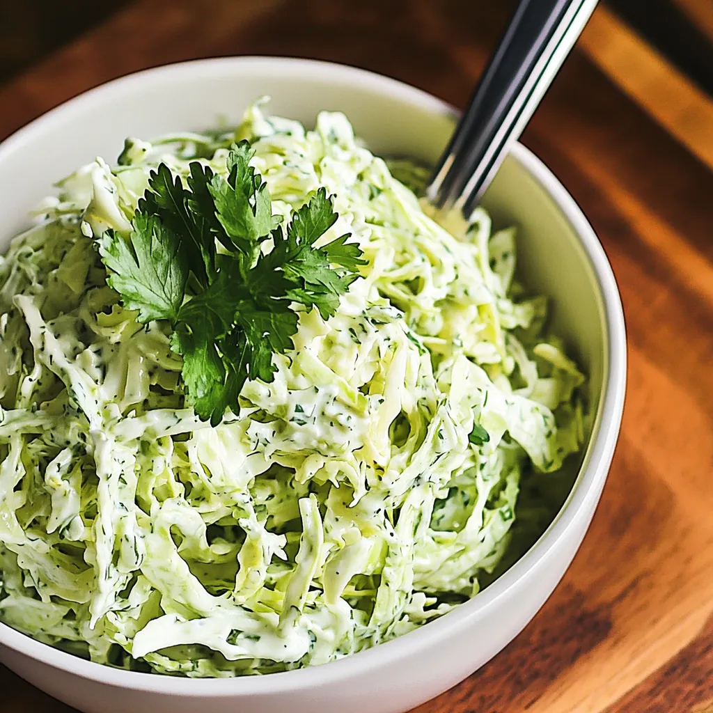 A bowl of coleslaw with a green topping.