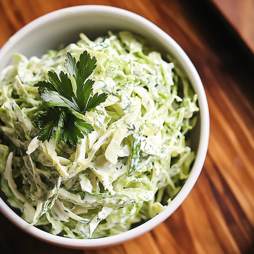 A bowl of coleslaw with a green herb on top.