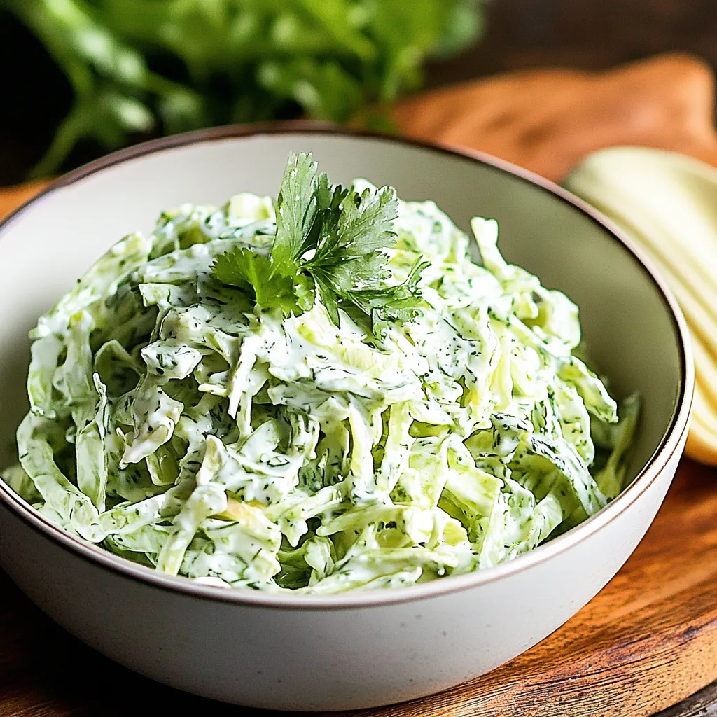 A bowl of coleslaw with a green garnish.