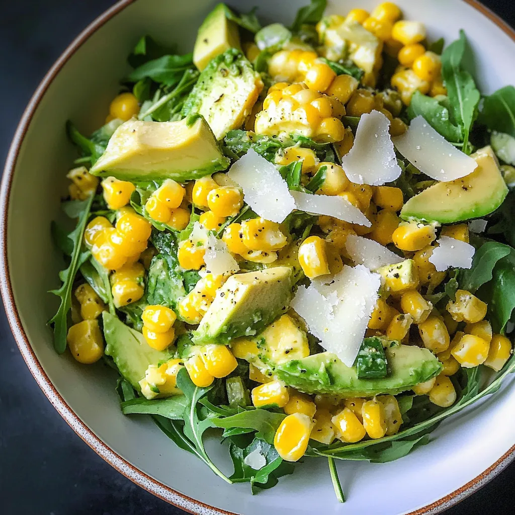 A bowl of salad with corn, avocado, and cheese.