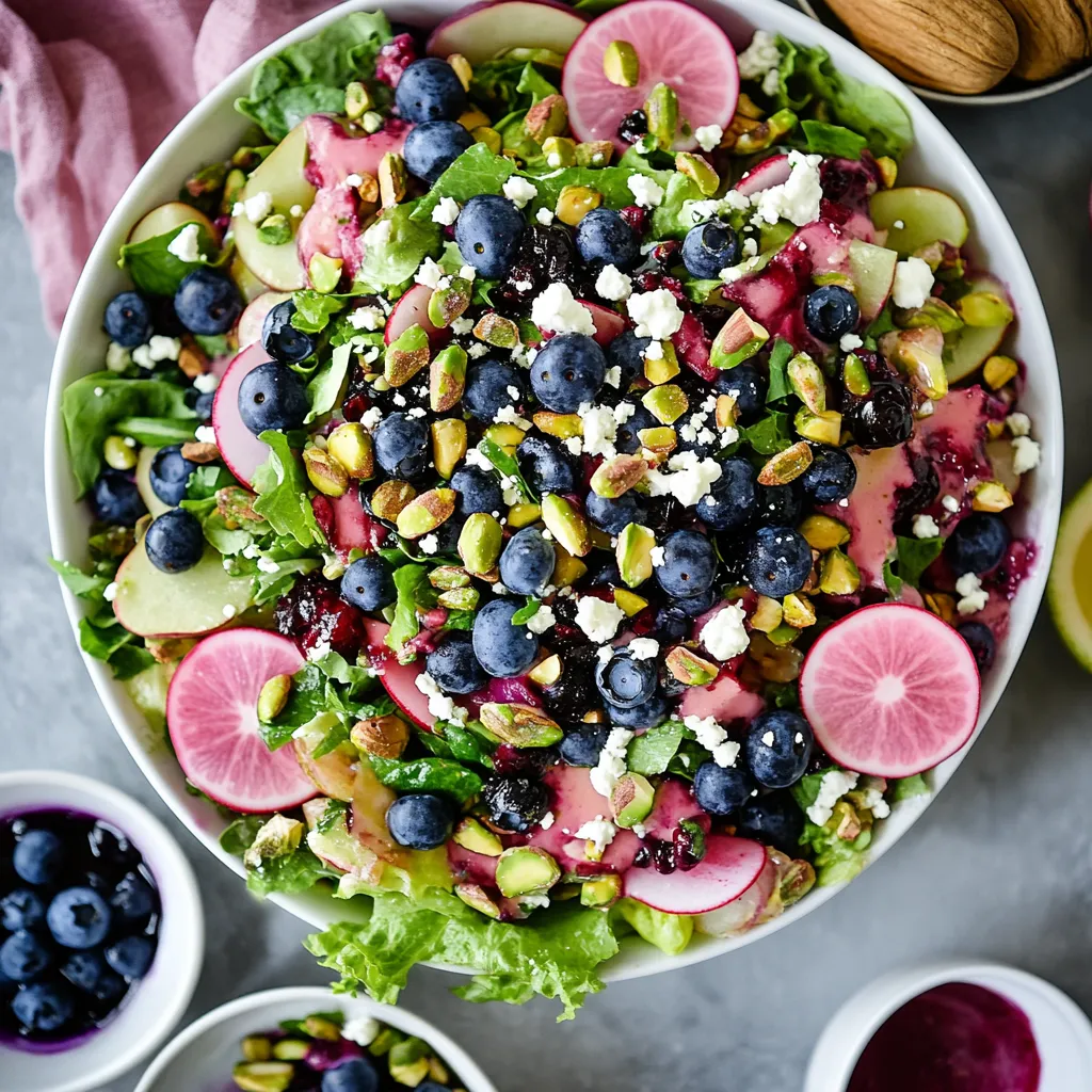 A bowl of salad with blueberries, pears, and walnuts.