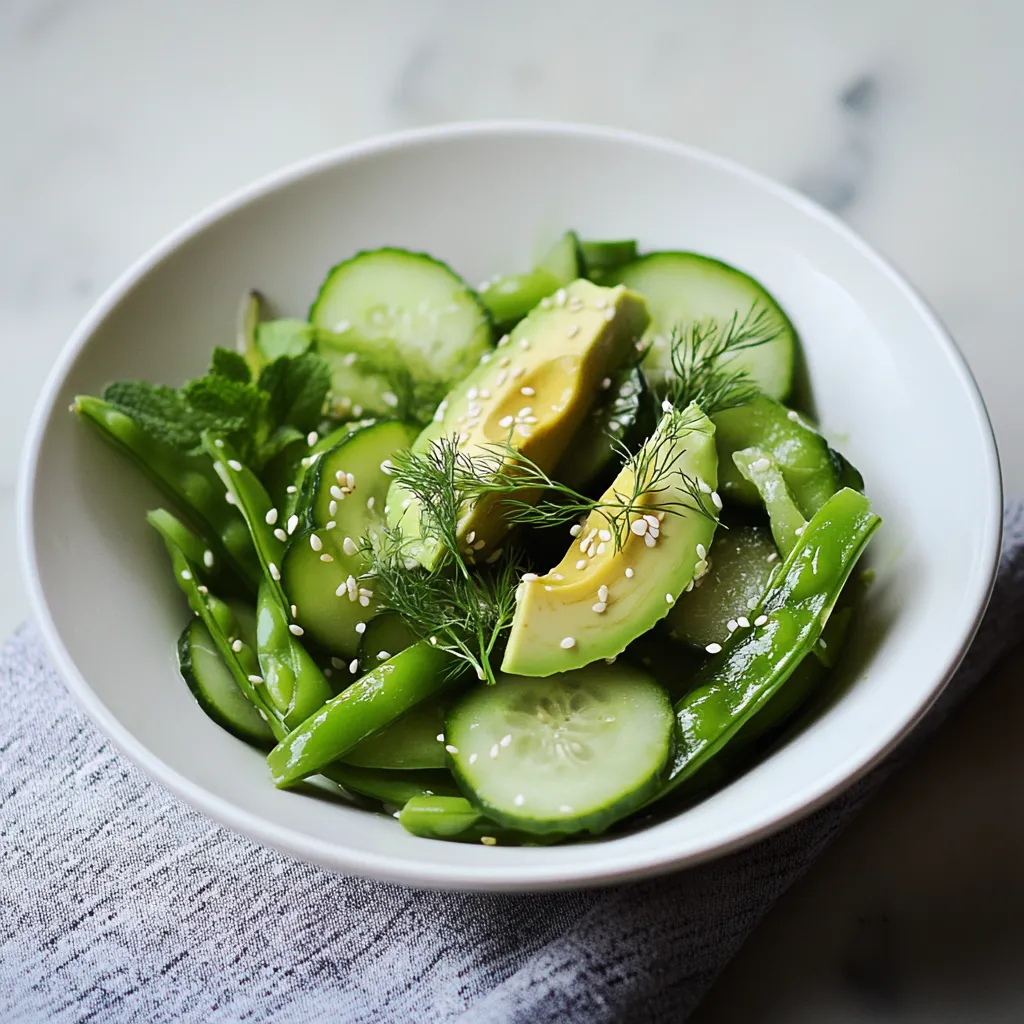 A bowl of vegetables including cucumbers, avocado, and green beans.