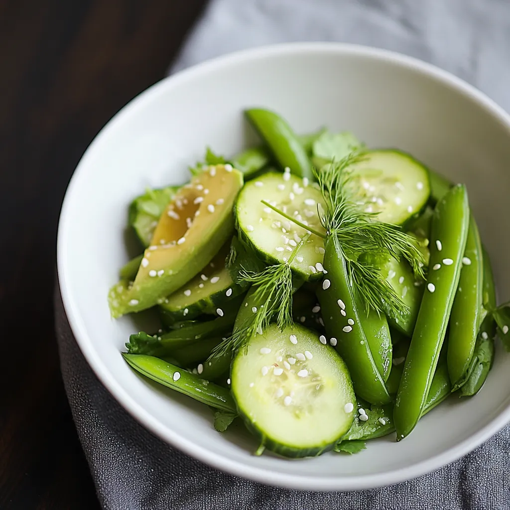 A bowl of vegetables with cucumbers, green beans, and avocado.