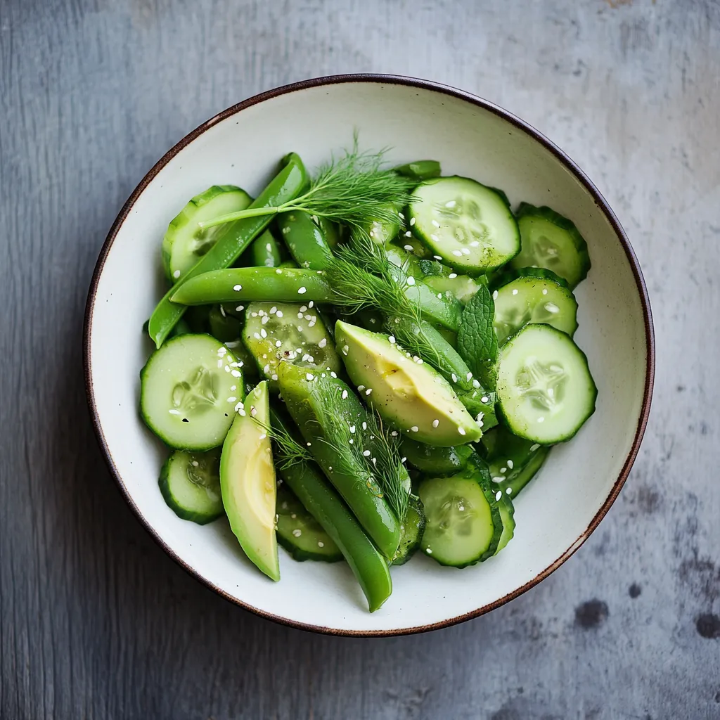 A bowl of vegetables including cucumbers, green beans, and avocado.