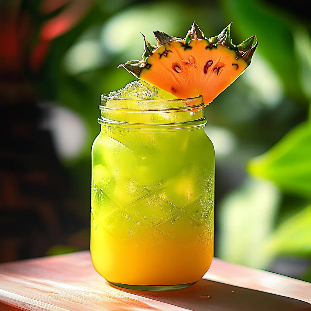 A glass of pineapple juice with a pineapple wedge on top.
