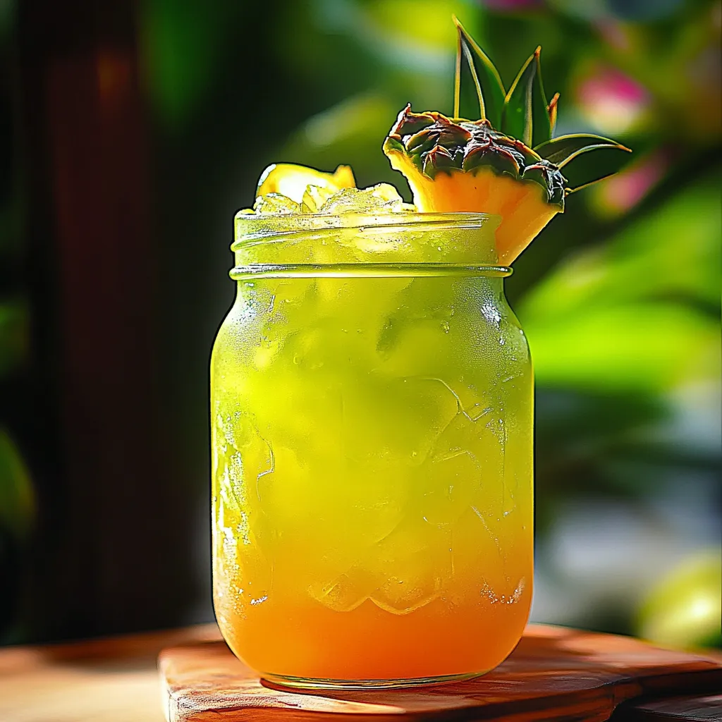 A glass of pineapple juice with a pineapple wedge on top.