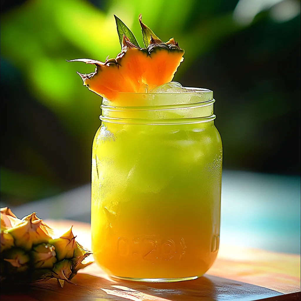 A glass of pineapple juice with a pineapple wedge on top.
