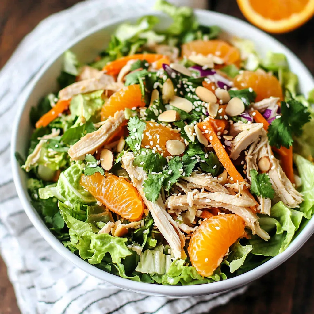 A bowl of salad with chicken and oranges.