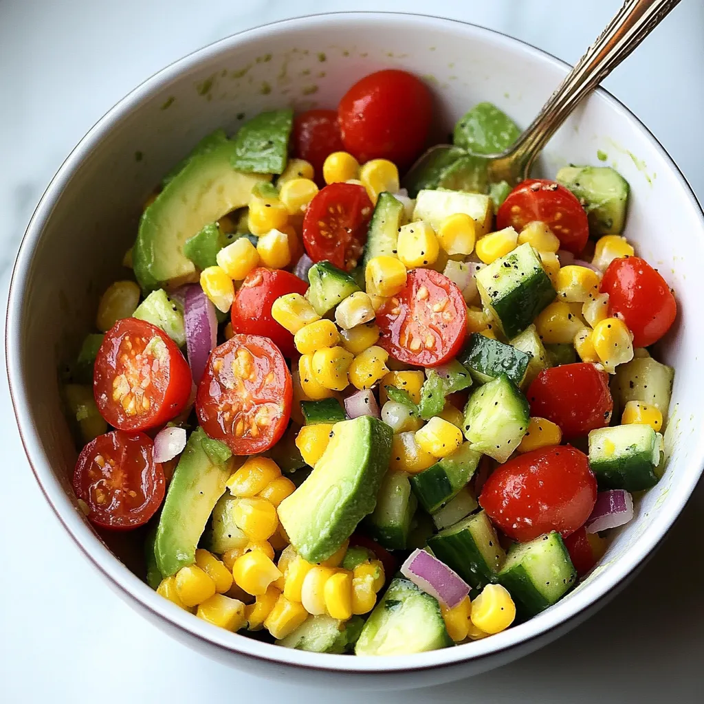 A bowl of vegetables with tomatoes, corn, avocado, and onions.