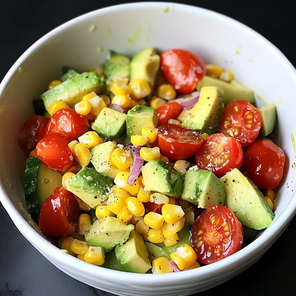 A bowl of vegetables including corn, tomatoes, and avocado.