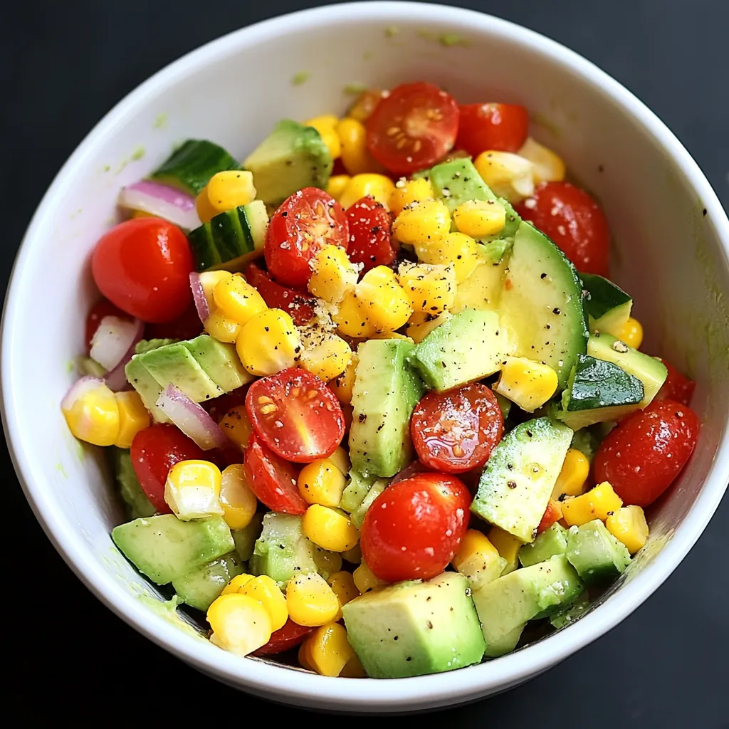 A bowl of food with tomatoes, corn, and avocado.