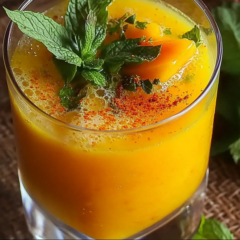 A glass of orange juice with mint leaves.