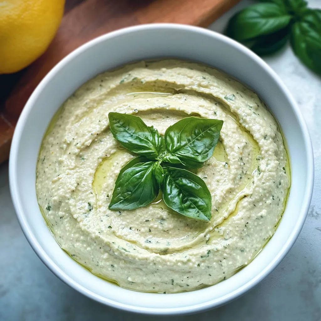 A white bowl of hummus with a green leaf on top.