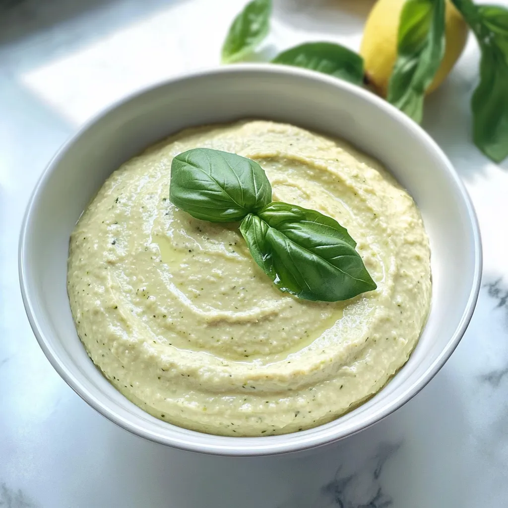 A bowl of hummus with a sprig of basil on top.