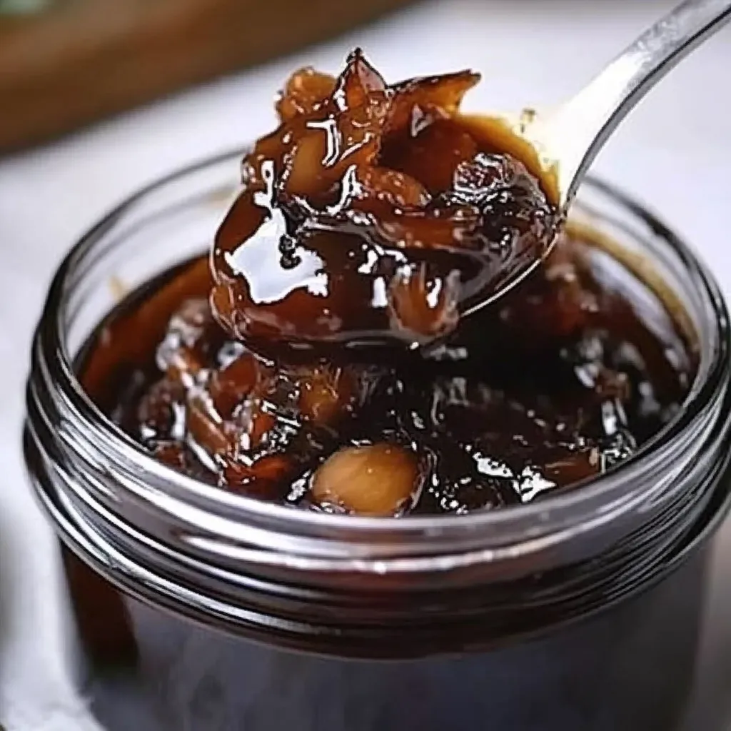 A spoon is in a jar of jam.