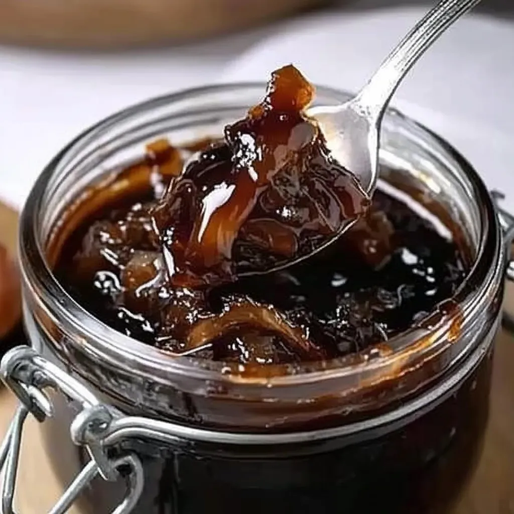 A spoon is in a jar of jam.