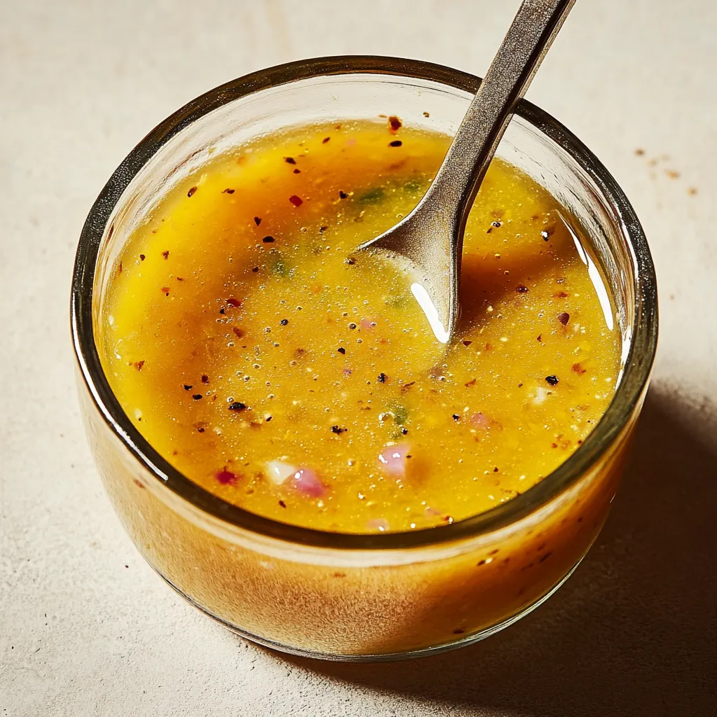 A glass of soup with a spoon in it.