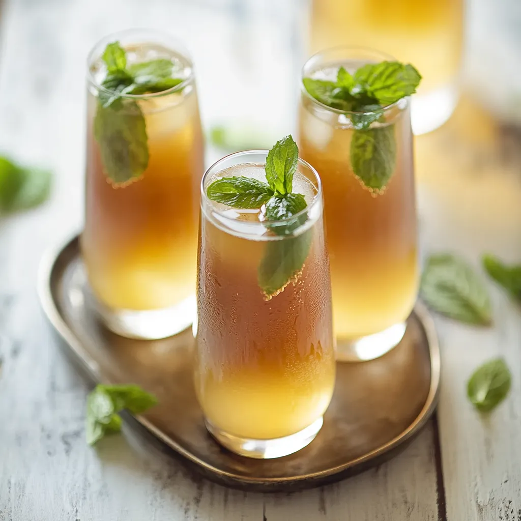 Four glasses of tea with mint leaves.