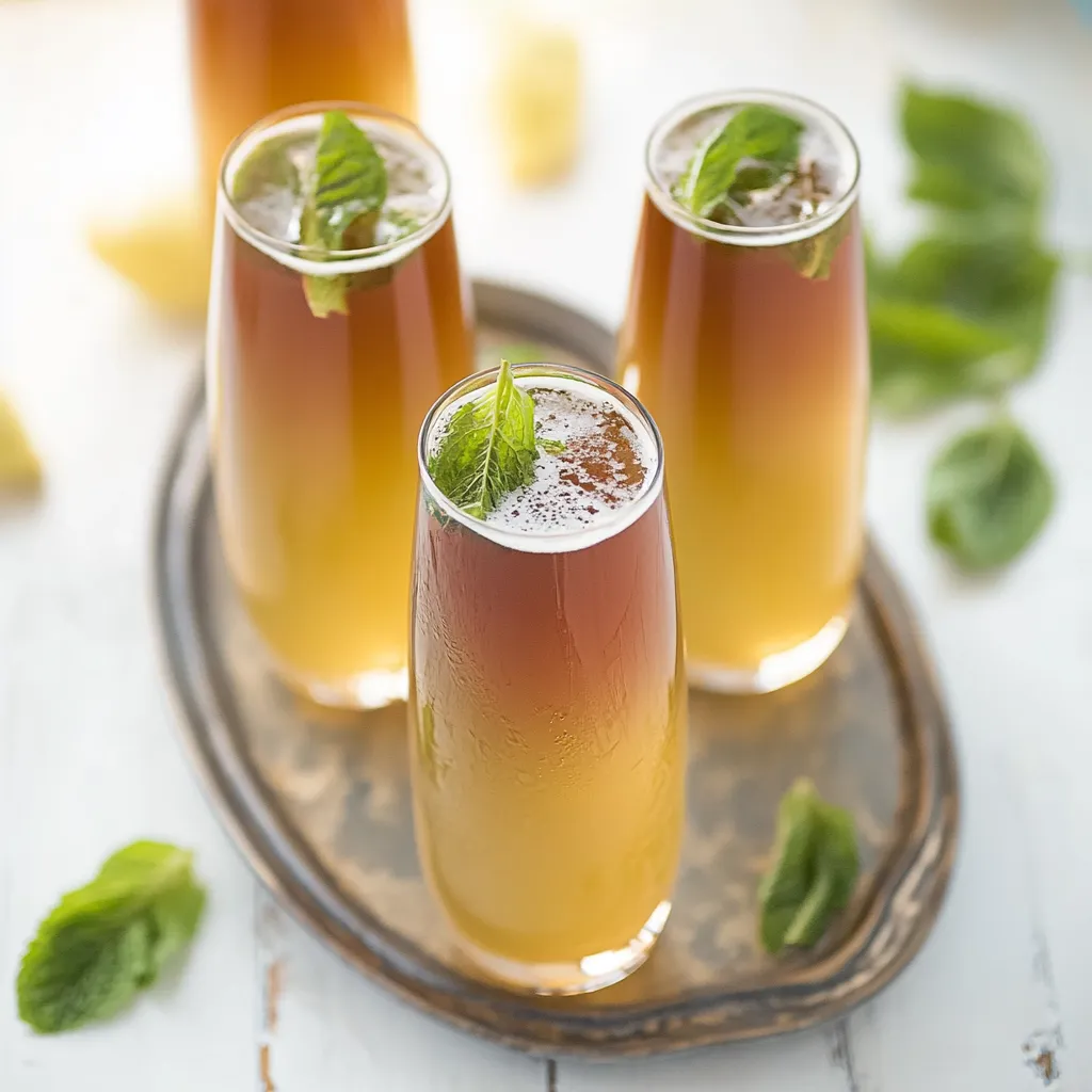 Four glasses of tea with mint leaves.