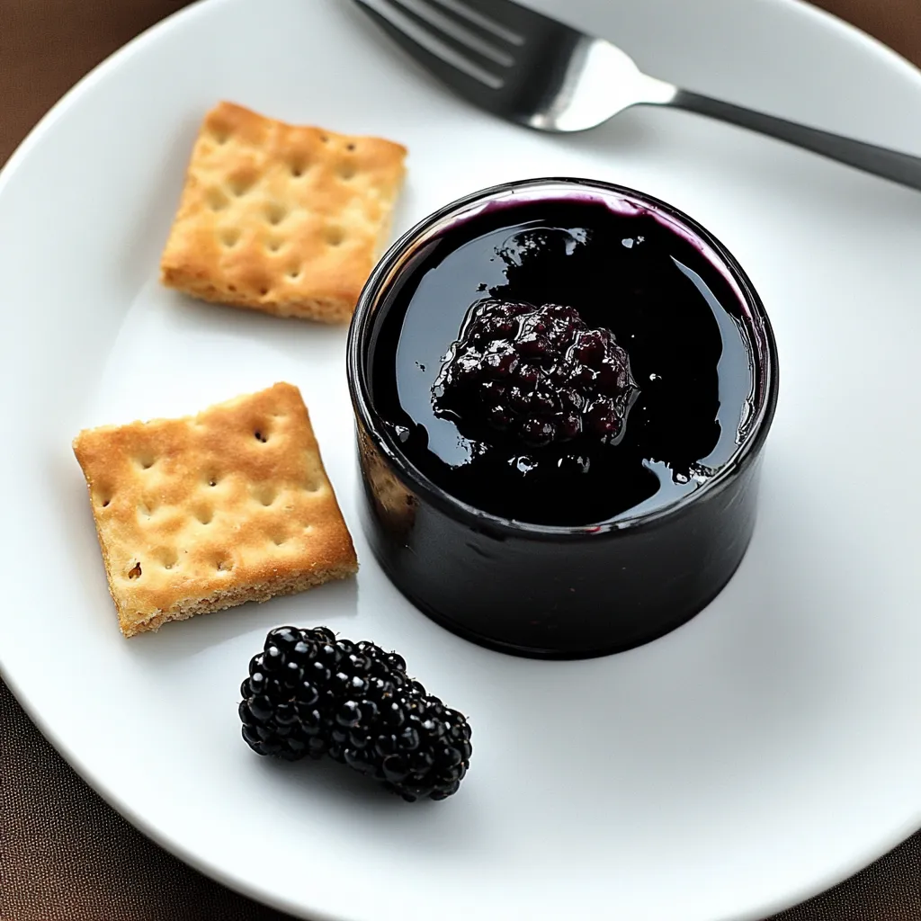 A plate of food with a blackberry dessert and crackers.
