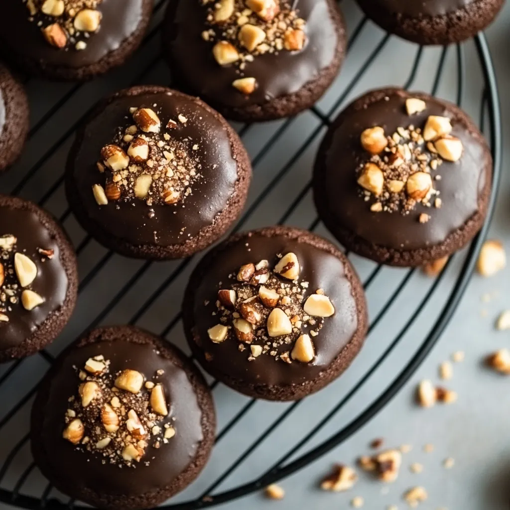 A plate of chocolate cookies with nuts on top.