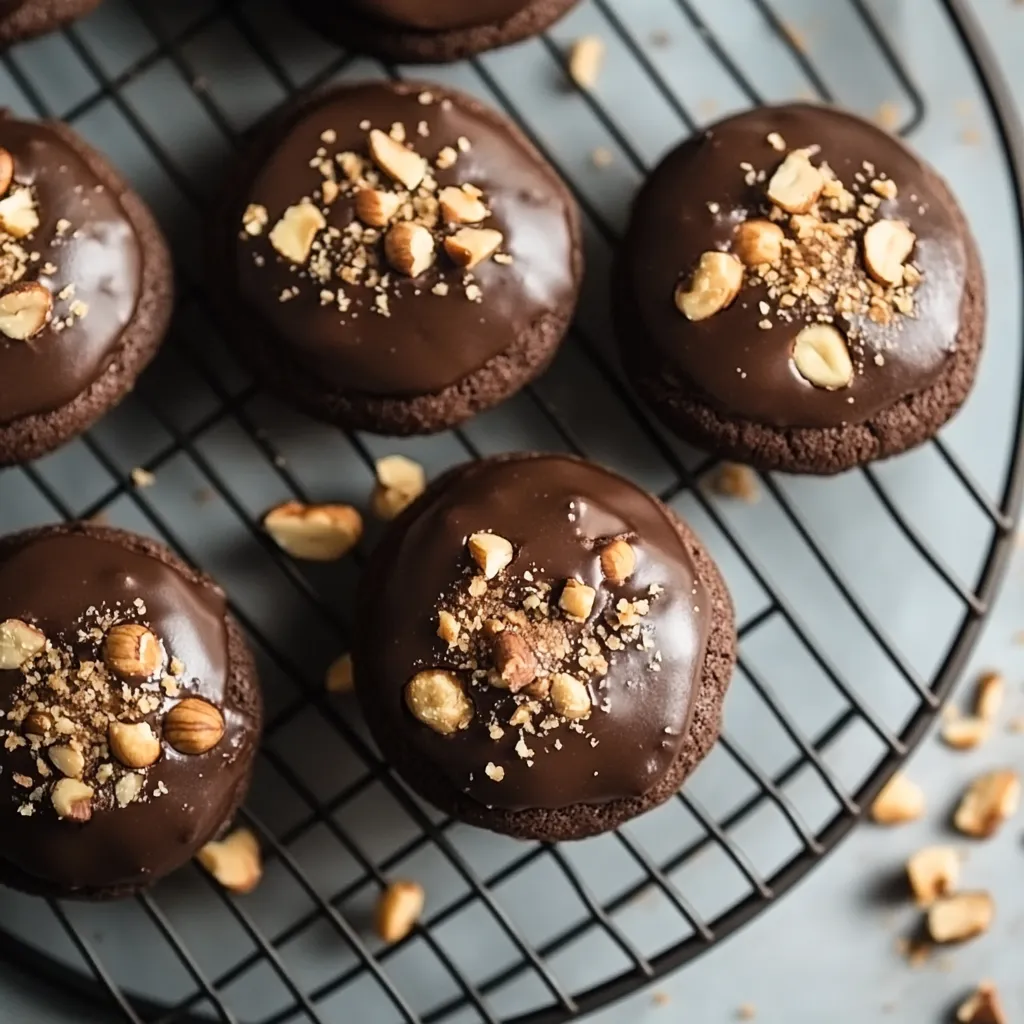 Chocolate cookies with nuts on a cooling rack.