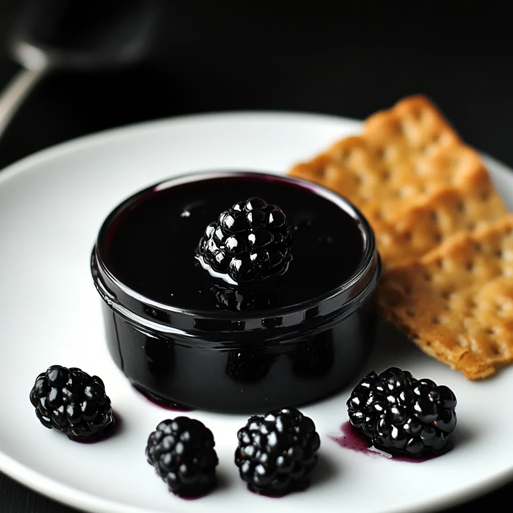 A plate of food with a blackberry dessert and crackers.