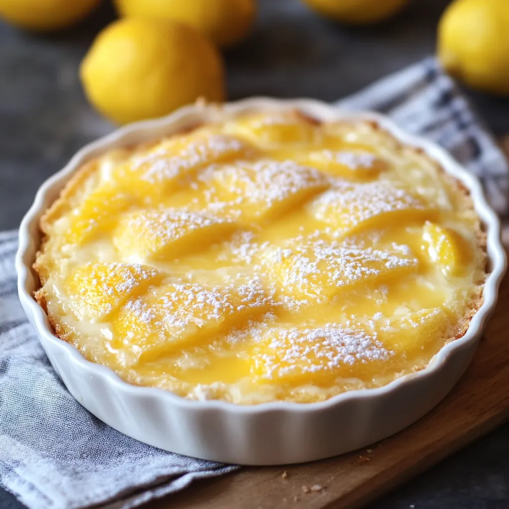 A lemon dessert with powdered sugar on top.