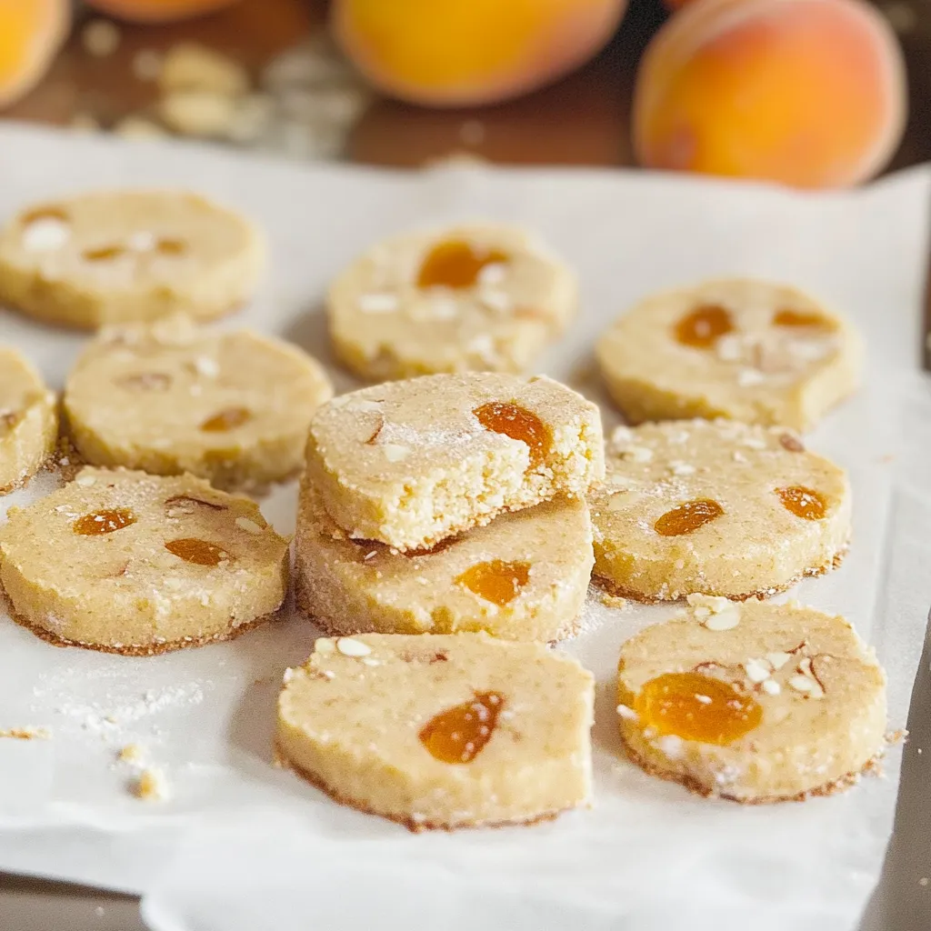 A plate of cookies with peaches on top.