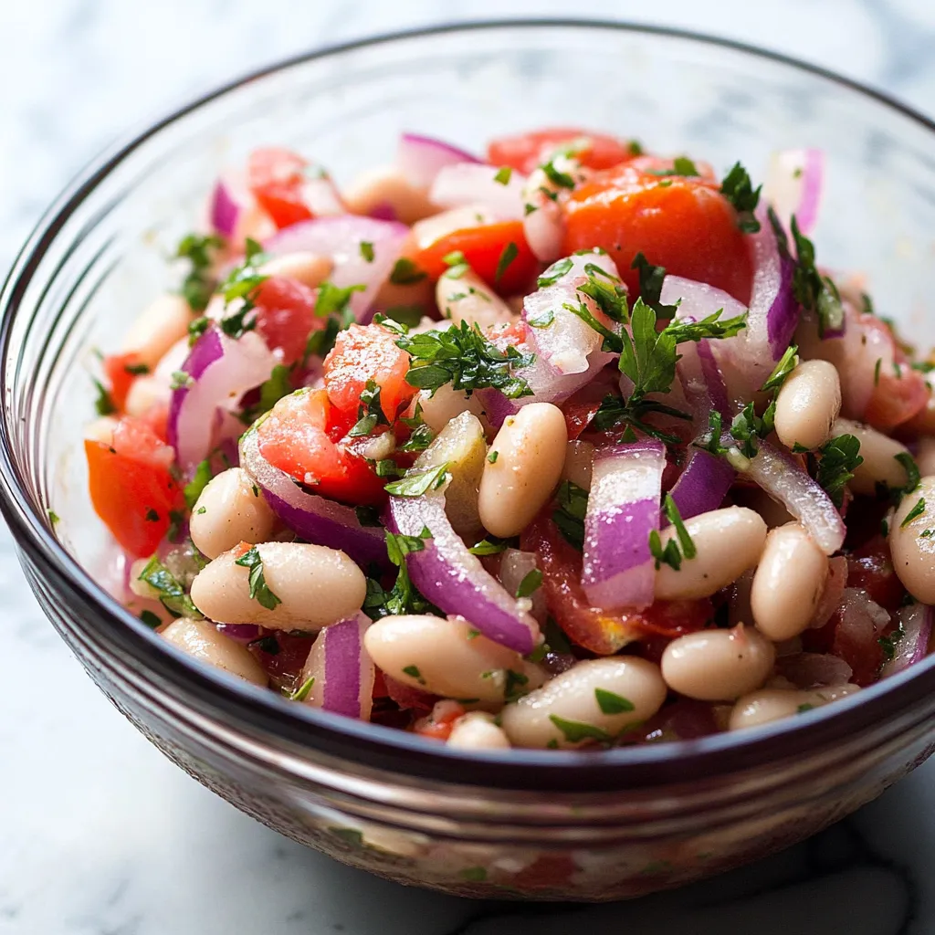 A bowl of food with tomatoes, beans, and onions.
