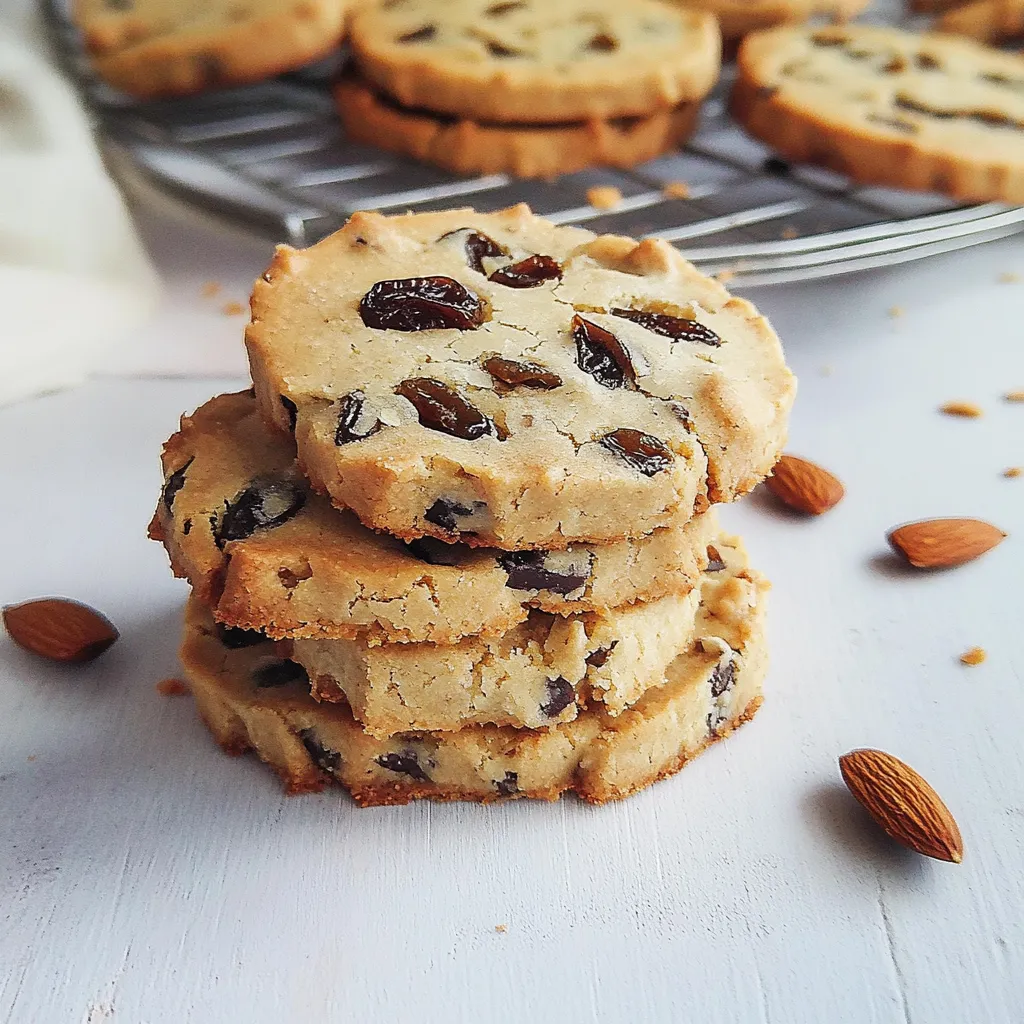 A stack of cookies with almonds on top.