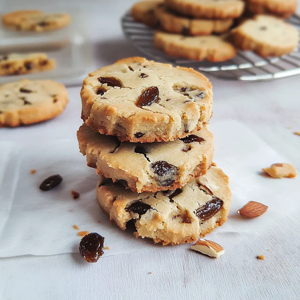A stack of cookies with raisins on top.