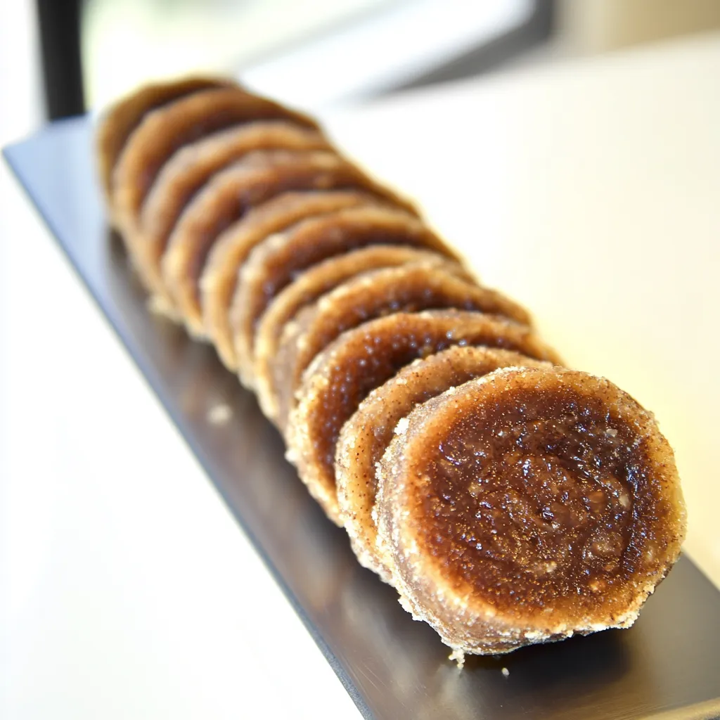 A silver tray with a row of brown cookies.