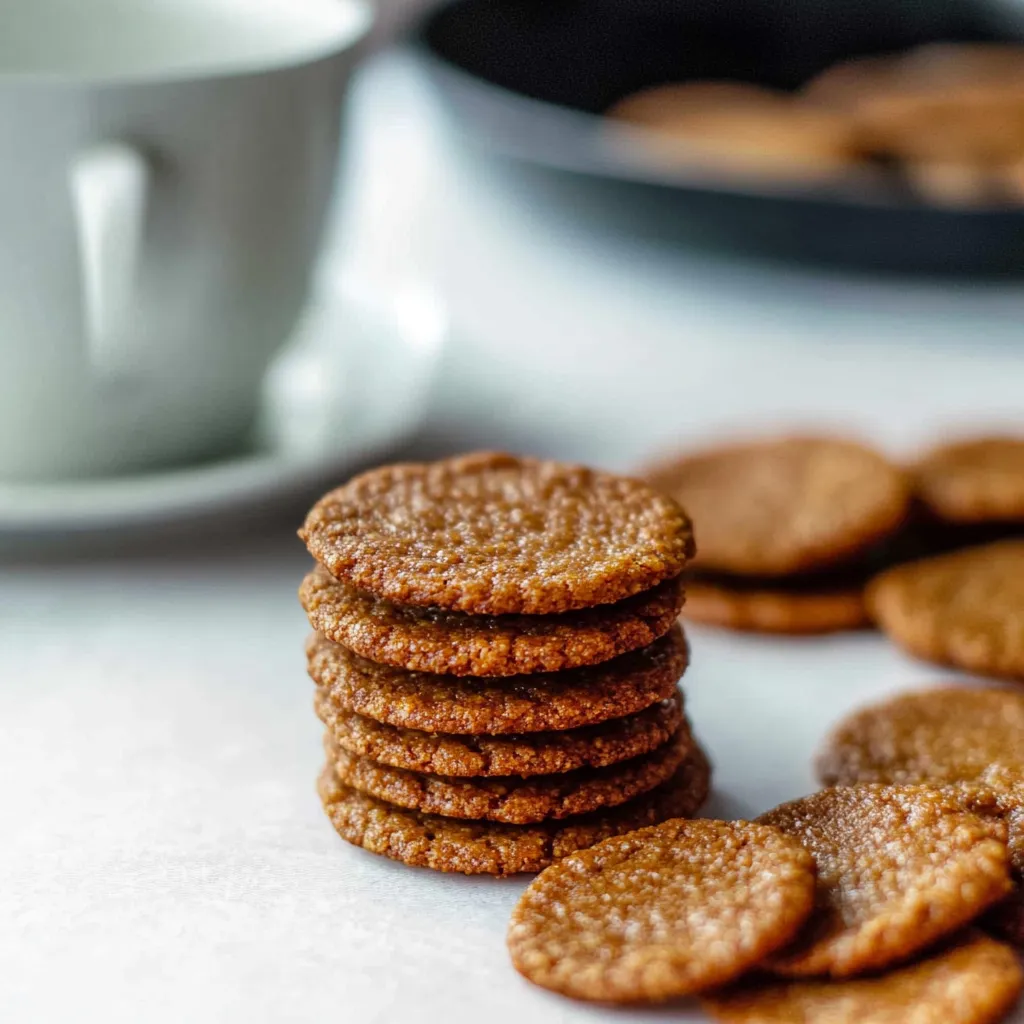 A stack of cookies on a table.