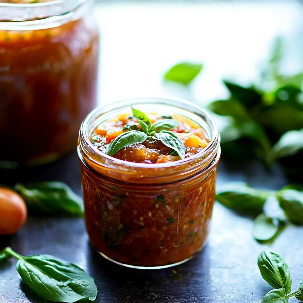 A jar of sauce with a sprig of basil on top.