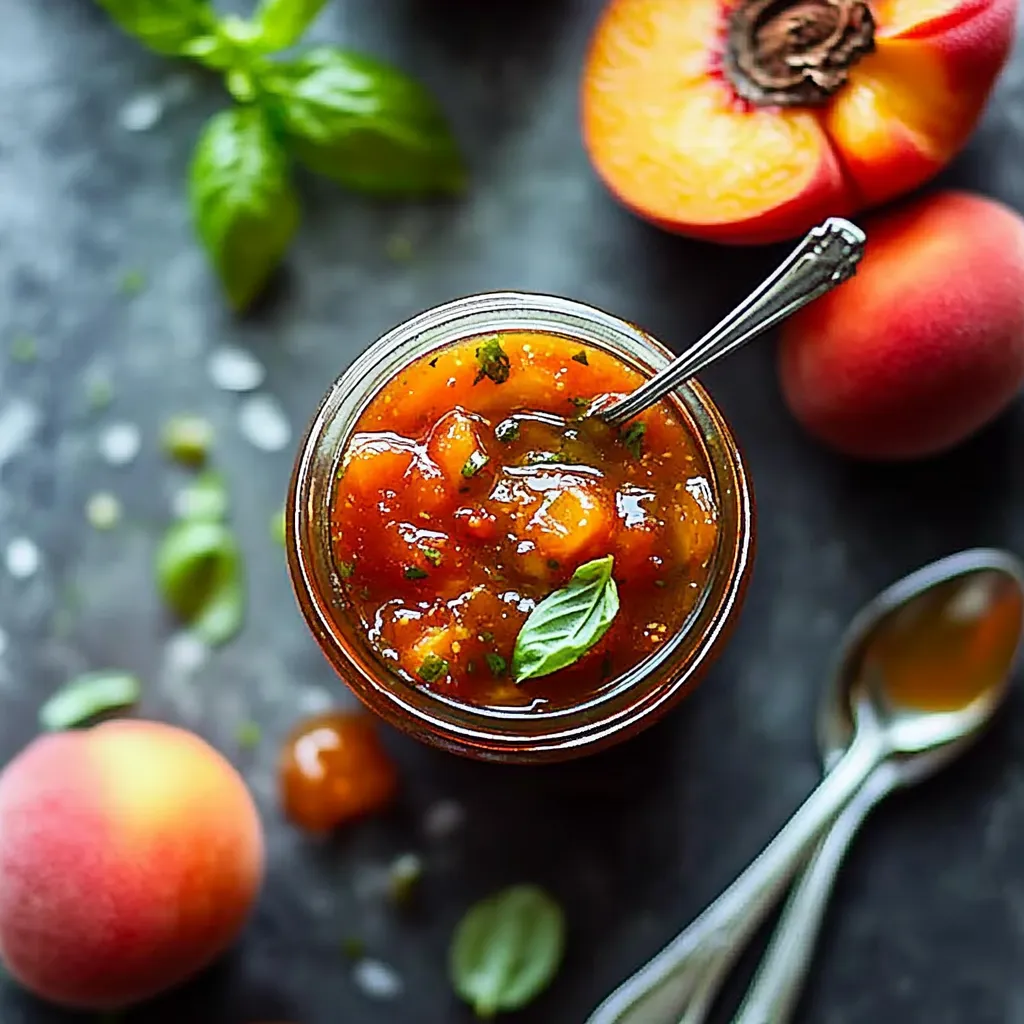 A jar of peach jam with a spoon in it.