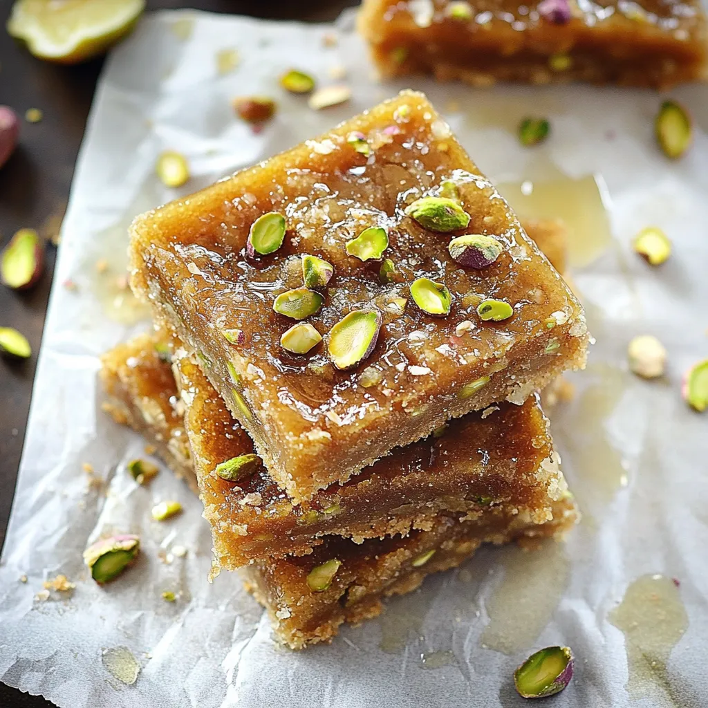 A stack of brownies with almonds on top.