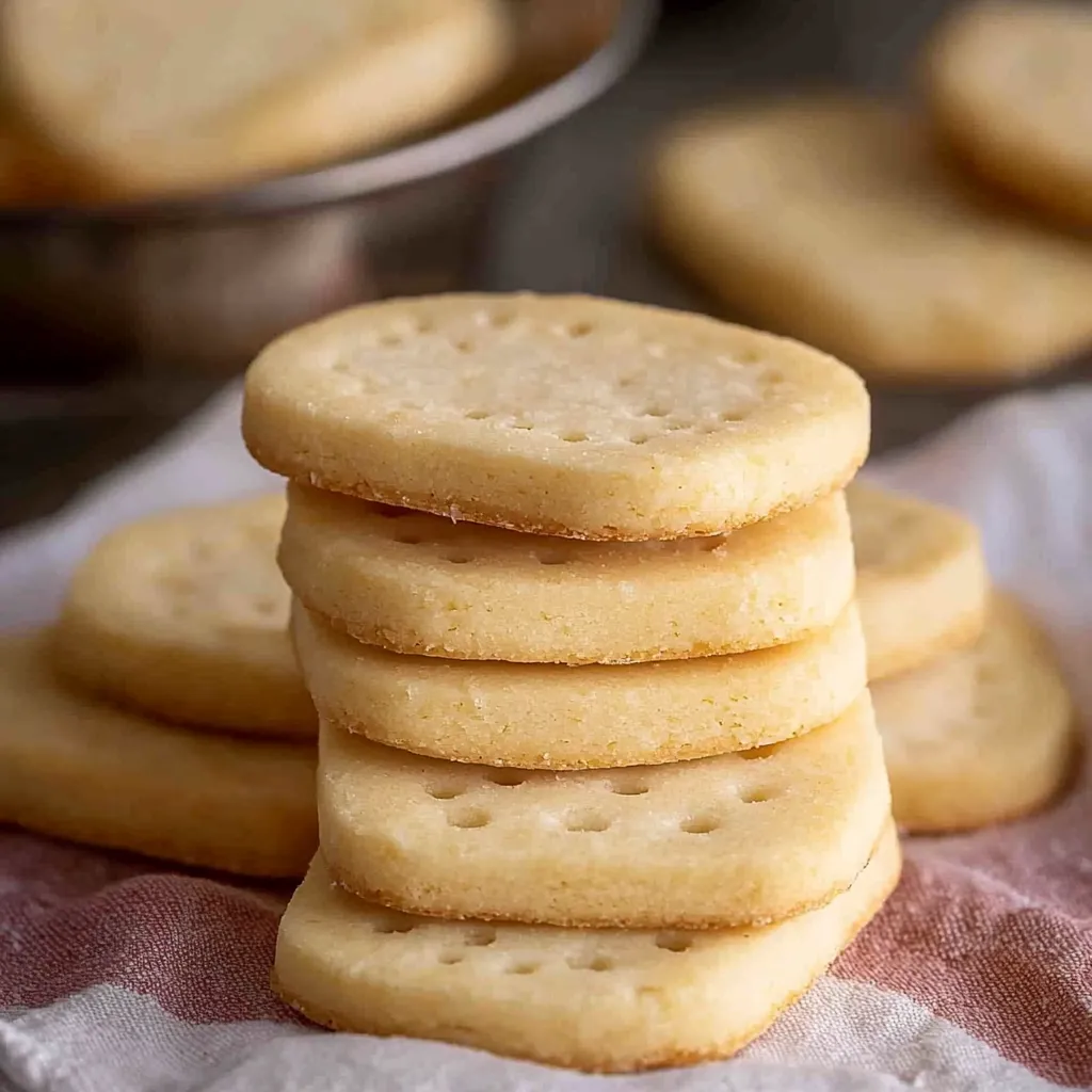 A stack of biscuits on a table.