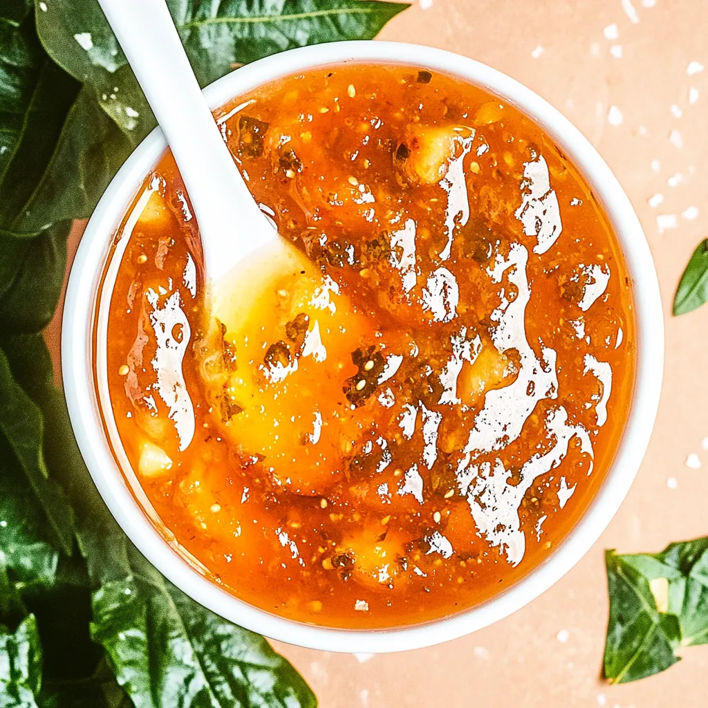 A bowl of soup with a spoon in it.